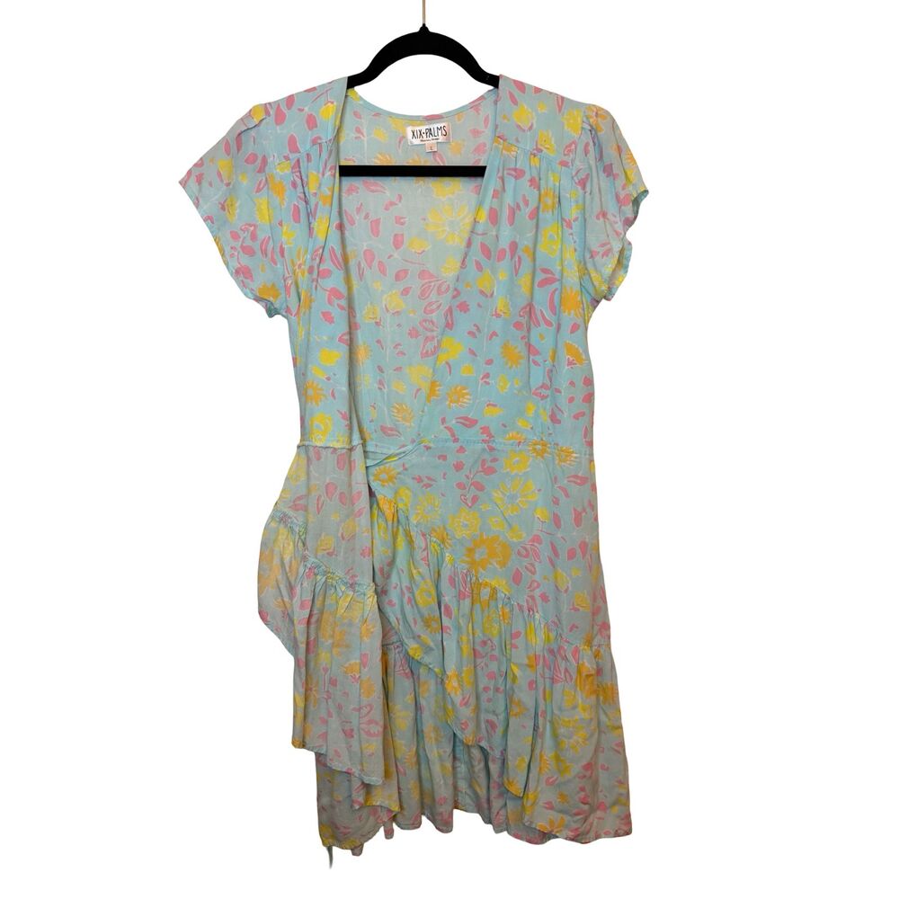 XIX Palms Floral Wrap Dress Womens L Blue Pink Yellow Ruffle Flutter Sleeve Boho - Picture 5 of 6